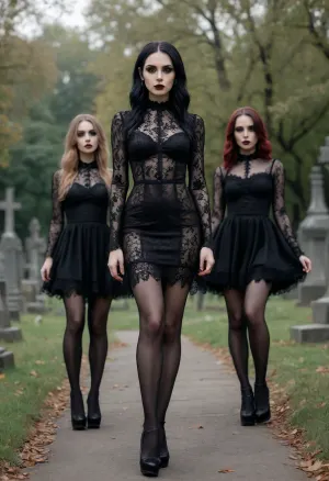 Group of gothic girls posing in a graveyard, 8k, photoreal, high quality, (smooth pussy), perfect tall body, long legs, intricate hairstyles, intricate transparent lace gothic dress, stockings, high heels platform, (sexy slut poses), <lora:add-detail-xl:.5>