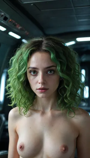 Something like e no Man's sky, ghotic extraterrestrial 20y girl, green long curly hairs, naked, Black eyes, dark alien starship interier, h r gigar, <lora:253562_training_data:.5>, <lora:hinaMaybeBetterPoseXL_v2:.5>