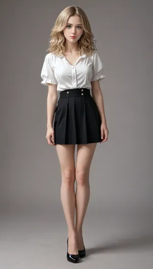 Charming and attractive blonde teacher. Long wavy hair, big bust. A white blouse and a short tight mini skirt, high-heeled shoes. Realistic full-length photo.