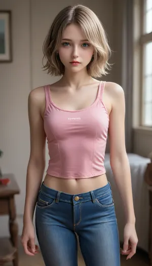 Wearing jeans and tank top photorealistic, crystal clear, real skin with pores, natural realistic photos