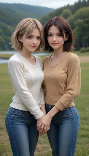 ((wearing jeans and a sweater)), ((Photo Shoot)), ((outside in the country, next to a river)), ((on the grass near a river)), ((Photorealsitic)), ((Real Skin with Pores)), model shoot style, extremely intricate, High Detail, Sharp focus, dramatic, soft cinematic light, (looking at viewer), (detailed pupils), smiling, 24mm, photo lab, elegant, insane details, hyperdetailed, low contrast, epiCRealism, (((SFW)))