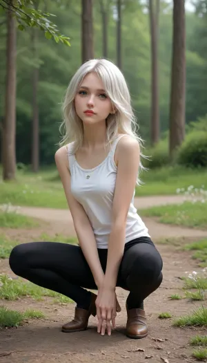 beautiful girl, white hair, long hair, tank top, leggings, squatting