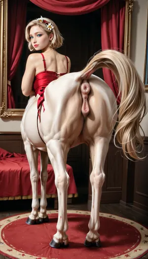 female centaur, realistic, from behind, equine pussy, equine anus, seductive, bedroom eyes, in heat, hooves, looking over shoulder, <lora:centaurx-000012:1>, <lora:259755_training_data:.5>