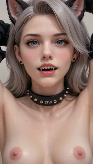 standing, looking at viewer, digital artwork, masterpiece, Loona, Hellhound, realistic, wet, fur, fangs, collar, black, sleeves, mouth, open, armpit, close, up, hellhound, male, <lora:267360_training_data:.5>, <lora:LoonaRealisticV2:.5>