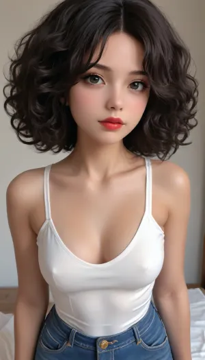 Hot babe in tight jeans with tight ass, 20 year old girl, long curly hair, black hair, thick eyeliner, red lips, tanned skin, wide hips, front view, big lips
