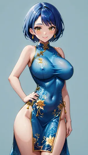 1girl, breasts, brown eyes, looking at viewer, smile, solo, short hair, simple background, standing, blush, large breasts, blue hair, parted lips, chinese clothes, covered navel, jewelry, earrings, stud earrings, hand on own hip, qipao1, cheongsam, <lora:qipao1_XL_reg1_-000004:.5>