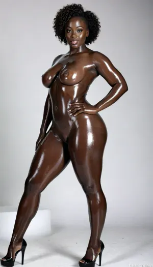front view, black ebony oversized fat girl model standing, one leg straight, the other leg is moved to the side, bent at the knee, the thigh is tilted to the left side, on her feet are high heels and a platform, bright light falls on a girl, she smiles, girl black coal, thick big thighs, big fat round ass, thick legs, ebony, negress, naked, dark skin, ebony african woman, very black shade of female body, very tanned skin tone, wet face, shiny face, glossy face, marble tits, totally oily girl face and hair covered in oil, legs generously oiled, hair shiny, face shiny with oil, wet whole body, wet skin, wet skin of the body shines in the light, big hips, wide pelvis, wide hips, thick wide hips, glossy skin tone, the whole body sparkles, the body reflects light, the body is like a mirror, ((masterpiece, clear image, photorealistic, high res, (very Black dark Skin:1.5), (African top model), full body in frame, perfect illumination, bright lighting, realistic fingers of hands, fingers of hands drawn, detailed fingers on hands, fingers on hands, lots of white in the background, (best shadow), 8k, (masterpiece, best quality, high-res, high resolution:1), (extremely detailed, ultra realistic), best quality, focus on heels arms legs face, ultra-detailed, finely detail)), American porn star, seductive look, slutty look, detailed legs, pumped up legs, pronounced calf muscles on the legs, (((massive HHH cup Breasts))), super shiny tits, erect nipples, long nipples, large areolas, long hair, big ass, perfect ass, shapely legs, long pumped up legs, legs are oiled, ass is oiled, boobs are oiled, belly is oiled, face is oiled, The girl has big plump lips on her face that shine and reflect the light, Perfect, Hands, godpussy1, pussy, rear, cum, string, ejaculation, on, face, taking, a, cumshot, her, glitt3r, 1D, seamless, pantyhose, 20D, legs, up, spread, sitting, glide_fashion, dark, skin, platform, extreme, flip, flops, <lora:add-detail-xl:2>, <lora:DetailedEyes_V3:2>, <lora:Glide_fashion_sdxl:.7>, <lora:Darker_skin_SDXL:2>, <lora:434658_training_data:1.4>