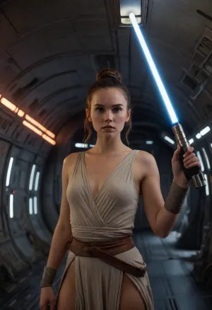 woman, long flowing brown hair, beautiful original female star wars Rey, on space ship, nude, holding light saber, hair in bun, Sony α7R IV, FE 35mm f/1 .4 GM