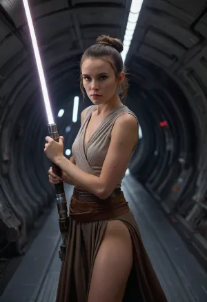 woman, long flowing brown hair, beautiful original female Star Wars Rey, on space ship, thong, hair in bun, holding long light saber, Sony α7R IV, FE 35mm f/1 .4 GM