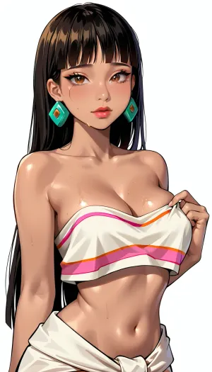 (Chel from The Road To El Dorado), 3/4 body view, brown skin, perfect body, (very detailed face:1.2), (teardrops detailed giant breast), (White background), (cupping her own body:1.5), 4ng3l, face, <lora:SDXL_BetterFaces-LoRA_v1:1.5>, <lora:MeMaV3_ill:1.6>, linkie