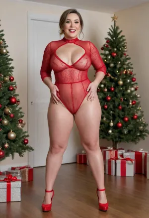A Mature plumper woman wearing clear platform heels, standing in Front of a christmas tree, wearing a red transparent fishnet bodysuit made of threads, nude, spreading legs wide open, shaved wet pussy, full body view, oiled, big saggy tits, pigtails, shows pussy, photorealistic, skindetention, smiling, masterpiece, detailed, clear platform heels