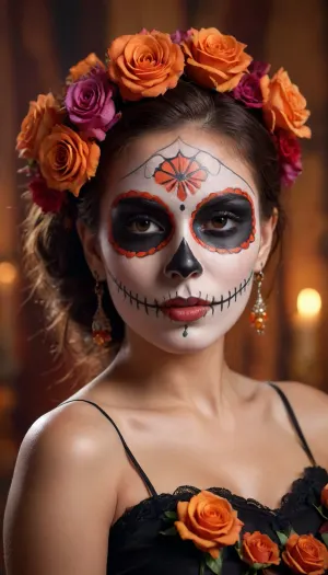 a beautiful woman with sugar skull face paint, Mexican background, horror style, dark, vibrant colors, detailed digital art style, hyper-realistic, portrait, detailed skin texture, high resolution, close up, focus on the intricate details of her makeup and attire, flowers in hair, wearing earrings, a lot of orange roses around, cinematic lighting, studio photography, wide angle, sharp focus, professional color grading, soft shadows