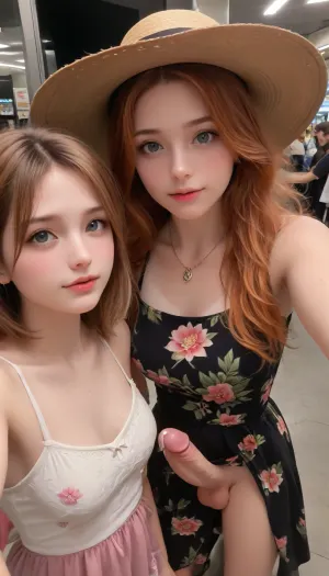 Raw picture, selfie, warm light, group of Average Scottish women, ginger hair, 43 years old, (perfect anatomy), (has cute face:1.1), looking at the camera, (horny face, 1.1), natural F-cup boobs, pawg, brown necklace, (covered in cum:1.1), taking a selfie in a busy department store fitting stall, flashphoto, tanlines, showing her boobs, dark light, skin detailed with skin imperfections, (perfect lighting:1.9), long bright colored floral dress, black wide brim sun hat, erect-futa, erect-penis, woman, erect, testicles, erection, penis, clothes, longnips, <lora:SDXLlora13ErFut:1>, <lora:xpenis-1.5e:.6>, <lora:longnipsxl:.5>