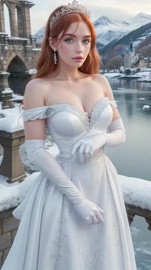 score_9, score_8_up, score_7_up, detailed, highly detailed, high detailed texture, photograph, realistic, 1girl, solo, small breasts, ginger hair, blue eyes, standing, on bridge, castle, winter, snowing, night gown, white dress, icy snowy dress, strapless, elbow gloves, earrings, silver tiara