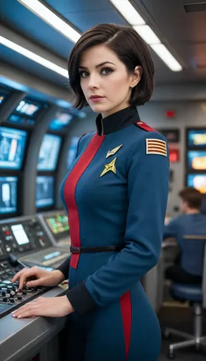 { "T5", "A high-quality photo of Ryden Armani, a young woman with short dark hair and emo makeup, dressed in a Starfleet uniform, posing confidently in a futuristic setting, such as the bridge of the USS Enterprise. The camera used is a Nikon D850 with a 50mm lens, aperture f/2.8, and Kodak Portra 400 film. The overall mood is bold and adventurous, with a hint of rebellion. The background is a sleek, high-tech console with stars and planets visible through the viewscreen.", "CLIP", "emo makeup, short dark hair, Starfleet uniform, futuristic background, confident pose, bold, adventurous, rebellious, USS Enterprise, Nikon D850, 50mm lens, f/2.8, Kodak Portra 400 film" }