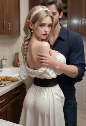 ((Insanely hot very busty very skinny blonde housewife is being fucked from behind by a burglar against the kitchen sink)), ((he is groping her gigantic boobs)), ((enormous huge gigantic firm boobs)), blonde braided hair, ((extremely scared look in her eyes)), ((lifted summer skirt)), ((tiny ass)), ((her boobs are showing)), hairband, pearl earrings