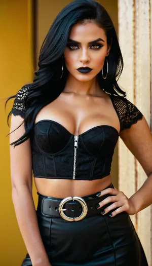 The image shows a young woman with long, straight, black hair styled with a subtle wave at the ends. She has dramatic heavy goth makeup featuring bold, heavy winged eyeliner, dark eyeshadow, defined eyebrows, and full extra long lashes. Her complexion is fair, and she has an annoyed expression.
Her outfit consists of a black lace and mesh corset-style crop top with structured cups revealing her big cleavage. The top features intricate lace patterns and subtle shiny accents, giving it a glamorous, edgy vibe. She pairs this with high-waisted black skirt, secured by a wide black belt with silver grommets and spikes and a large, rounded silver buckle. A small decorative silver chain hangs from the belt, adding an additional stylish detail.
She accessorizes with large hoop earrings and holds a smartphone in her hand with a colorful, comic-inspired phone case featuring bold designs and bright colors like red, yellow, green, and blue on a black background. The setting is a bathroom with beige and brown tiled walls. The picture shows the whole body. Fujifilm XT3, analog style, professional DSLR photograph, natural lighting, masterpiece, highest quality, RAW image, gothic, emo, heavy make-up