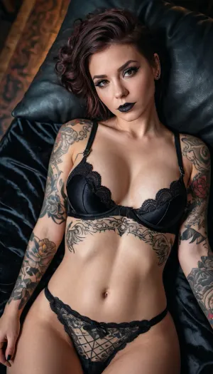 ((brunette woman lying on a black velvet covered in tattoos)), intricate black bra and black panties, goth makeup, black lipstick, photorealistic picture, trending on cgsociety, realistic 3 d anime, seductive portrait of a woman, body covered in black punk tattoos, 8 k highly detailed, twin tomboy, extremely detailed woman, beeple and james gin, realistic picture of cute girl, wlop. 32 k, avatar picture