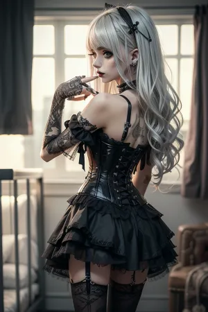 goth punk girl in dress, standing on one leg, stockings, in bedroom, blonde silver hair, sexy pose, dynamic pose, lace corset, front view, back view, side view, looking, down, from, below, panties, at, viewer, photo, of, perfecteyes, eyes, <lora:Gothpunkgirl-000009:.5>, <lora:pose standing one leg up:.5>, <lora:weight_slider_v2:-1>, <lora:age_slider_v20:-2>, <lora:detail_slider_v4:.5>