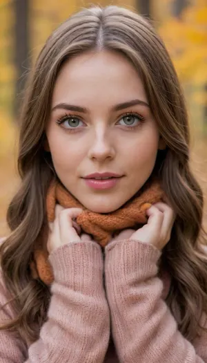 (An enchanting portrait of an adorable and charismatic girlfriend:1.4), (focus on her loving eyes filled with affection, a gentle and approachable presence:1.5), (long, flowing chestnut hair with natural highlights, softly framing her face), (sparkling hazel eyes, soft rosy cheeks, smooth and radiant skin, delicate freckles, a gentle smile, a hint of dimples), (natural makeup, light blush, soft brown eyeliner, subtle mascara, warm nude lipstick, a dewy and fresh look), (a playful and loving gaze, sharing a tender moment with the viewer), (wearing a cozy knit sweater in warm orange tones, paired with a stylish scarf and comfortable boots), (set in a scenic walk through a vibrant fall forest, surrounded by colorful foliage, golden leaves gently falling, a serene and romantic atmosphere), ZipRealism