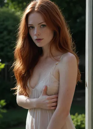 petite seductive 33 year old redhead neighbor tempting me from out in their garden at the other end of the lawn, seen from outside, small tits, cute face, neighbors patio, seen from neighboring house, see through clothing, sheer clothes, beautiful hands, freckles, moles, skin rash, short nails, realistic hands, realistic long hair, beautiful nails, really long messy hair, light tasteful makeup, sunny morning, extremely long hair, very long morning hair, stripping, teasing me, seen from bedroom window, seen from other house, hedge between me and her, far away, distance, other end of garden, photo taken from far away