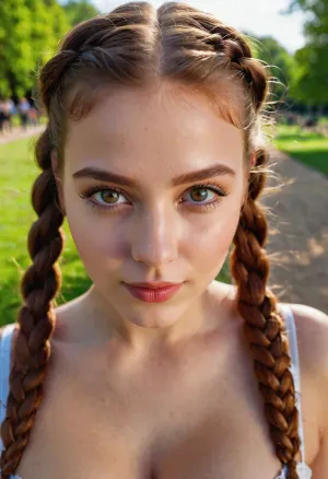 UltraRealistic photography, overhead shot, medium shot, at the park, sunny weather, European 18 years old woman, big sized boobs, wearing balconette bra, round face, bold lips, round eyes, glossy eyes, eyeliner, perfect makeup, red cheeks, slender body, cinnamon hair, two braids, (snub nose), view to viewer, happy view, symmetrical eyes, sharp focus, blurry background, highly detailed face, highly detailed lips, highly detailed eyes, highly detailed iris, dslr, skin pores, ultra high quality