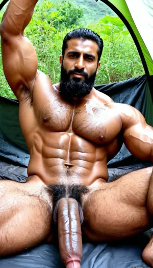 ('Javed Khan' and 'Afzal Khan' are best friends, Both are Naked), Very ruggedly handsome Big Muscular Indian Muslim bodybuilders proudly showing their Big Cock in the tent makeshift bed, (Handsome and Hot Muslim hunks with very long beard), dark and rough Muslim men, (40 year old, Muslim, tall muscled Arab Indian dark male, rough, dominant, daddy, (hairy armpits and Chest), bodybuilder, enormous thick long dark cock, perfect fingers, oily Sweaty body, small black grey hair slicked back, dilf, Big seductive eyes, Wet body), (big black circumcised penis with big testicles), (rain drops), ultra sharp high definition details, pubic hair, professional photography, sharp focus, 4k high definition, insanely detailed, RAW photo, HDR, hyper-realistic, cinematic lighting, photo realism, (Full body reclined in ground), Big, cock, <lora:xpenis-1.5e:.5>, <lora:pein:.5>