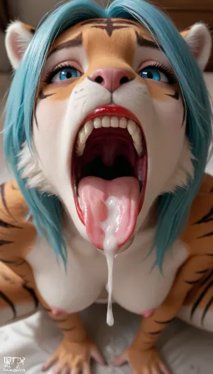 view from above, solo, in bedroom, dlss, RTX, squatting, 1female, ((anthro tiger, anthro female tiger)), blue hair, sharp teeth, furry, stripes, huge cum load mouth, bright tiger stripes, spread her legs wide, mouth open, more cum mouth, tongue around licks the cum, ruined, makeup, red lipstick, <lora:189654_training_data:.9>, <lora:early621-000002:1.2>