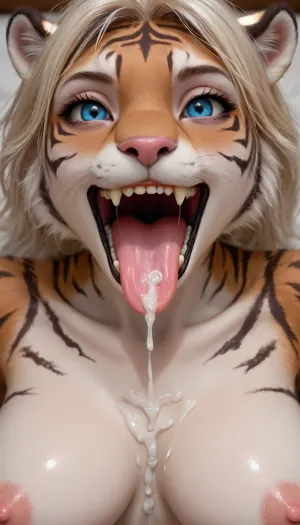 view from above, in bedroom, dlss, RTX, 1female, ((anthro tiger, anthro female tiger)), sharp teeth, furry, stripes, huge cum load mouth, bright tiger stripes, spread her legs wide, mouth open, more cum mouth, tongue around licks the cum, ruined, makeup, red lipstick, big tits, shaved pussy, asshole spread wide, <lora:189654_training_data:.9>, <lora:early621-000002:1.2>
