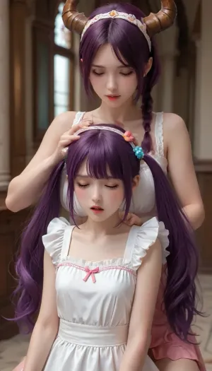 kanna kamui, 1girl, dress, hairband, long hair, hair ornament, blush, wide open mouth, penis, closed eyes, purple hair, horns, tail, twintails, legs, veins, veiny penis, futanari, long twintails, erection, leg grab, futa with female, dragon girl, imminent fellatio, dragon horns, 1futa