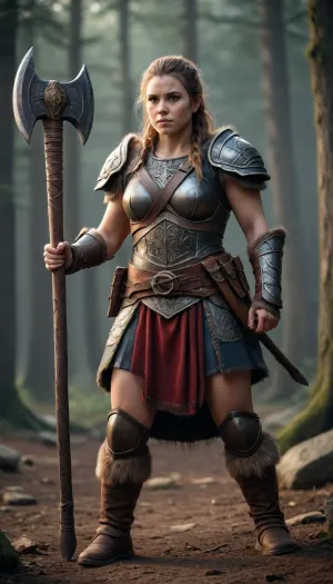 ((full body view)), woman dwarf warrior, armed with a axe