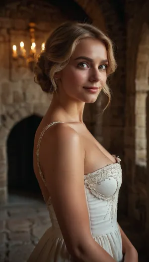 UltraRealistic photography, side view, full body shot, in a historical castle, 18 years old woman, middle sized boobs, tight boobs, wearing a white dress, high heels, square face form, evil smile, droopy eyes, glossy eyes, eyeliner, perfect makeup, red cheeks, slender body, messy short blonde hair, snub nose, view to viewer, symmetrical eyes, sharp focus, blurry background, highly detailed face, highly detailed lips, highly detailed eyes, highly detailed iris, dslr, skin pores, ultra high quality