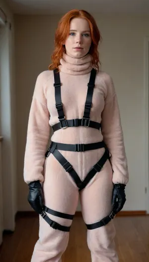 (bondage bound), full body view, standing redhead wearing very fluffy turtleneck sweater and pants, strapped in nylon parachute harness, handcuffed