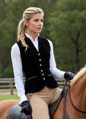 Natasha Oakley, beauty woman, 20 years old, blue eyes, ponytail, (riding blouse with checked vest:1.4), (eart brown jodhpurs:1.4), (riding boots:1.2), (black velvet riding helmet:1.5), natural slender boobs, trimmed natural pussy, (((very blonde pubic hair))), fenced paddock scenery, next to a barn, ((full body view)), detailed hands, detailed feet, riding, pants, with, boots, <lora:BT_Riding_Pants_Boots_XL:.5>
