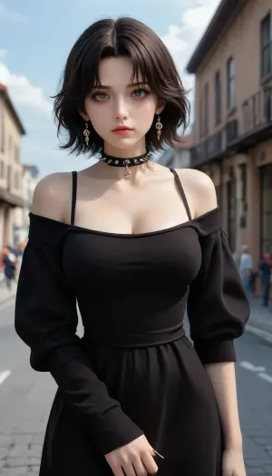 black lagoon, frederica sawyer, 1girl, breasts, cleavage, dress, solo, short hair, black hair, large breasts, nail polish, fingernails, no bra, long sleeves, collarbone, jewelry, collar, black dress, earrings, gothic, sky, day, sweater, off shoulder, alternate breast size, scar, spikes, blue sky, black nails, skar collar, bags under eyes, off-shoulder dress, sweater dress, scar on neck, electrolarynx, self harm