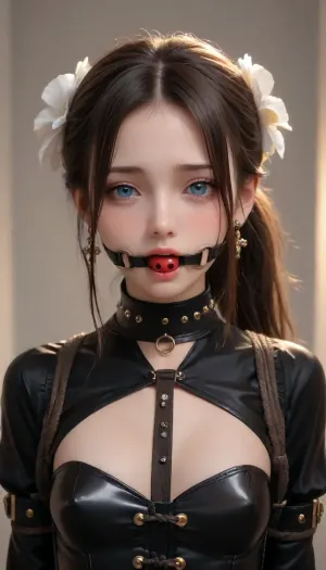 1girl, brown hair, female focus, long hair, flower, hair flower, hair ornament, upper body, bdsm, blue eyes, blush, bondage, bound, drooling, makeup, teeth, navel, ponytail, (loli:1), jewelry, collar, covered erect nipples, earrings, lipstick, black latex suite, gag, ball gag, eyeshadow, piercing, ribs, half-closed eyes, sleeves past wrists, eyeliner, belt collar, upper teeth only, corset piercing