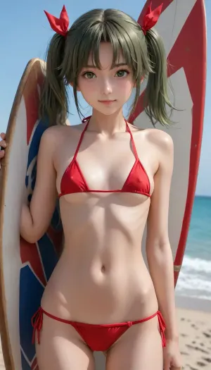 mikuma, (kancolle), 1girl, breasts, closed mouth, long hair, looking at viewer3, smile, solo, bare shoulders, contrapposto, hair ribbon, ribbon, standing, sweatdrop, blush, small breasts, green eyes, navel, twintails, collarbone, holding, bikini, swimsuit, heart, green hair, cowboy shot, gluteal fold, eyebrows, red ribbon, covered erect nipples, bare arms, lowleg, outdoors, sky, day, sketch, blue background, micro bikini, side-tie bikini bottom, halterneck, stomach, red bikini, blue sky, matching hair/eyes, surfboard, lowleg bikini