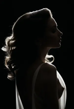 (Award-winning, evocative black and white photograph, upper body portrait:1.8), (silhouette of a woman in a graceful pose:1.7), (the suggestion of feminine curves subtly defined by light and shadow:1.6), (artistic nude study, focusing on darkness and contrast:1.5), (dramatic chiaroscuro lighting:1.7), (high contrast, deep shadows obscuring details:1.4), (unseen light source creating a soft halo:1.3), (long flowing raven black hair in cascading waves, sheer flowing fabric:1.4), night, dark room, mysterious, dreamlike, sensual atmosphere, delicate, fragile, poetic, intimate, ziprealism