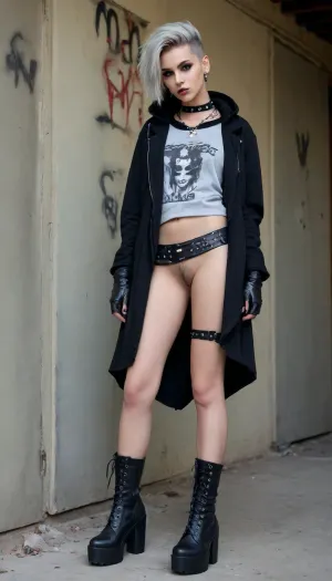 (hyper realistic), (most beautiful slender and slim 18 year old punk top model in a dirty abandoned house showing naked pussy, graffiti on walls, trash on floor), (showing nude pussy, showing nude vagina:1.4), (wearing black oversize gothic punk platform boots, black biker jacket over grey hoodie, studded choker, studded gloves:1.5), (asymmetric buzzcut hairstyle, beautiful detailed face, sensual eyes looking in camera), (erotic photo, porn photo, pornography, photorealistic, photo realistic, photorealism, photo realism, realistic, realism, 4k, 8k, 8k resolution, best quality, ultra quality, highest quality, maximum quality, uncompressed, raw source photograph), (intricate clothing, detailed clothing, detailed skin, realistic skin)