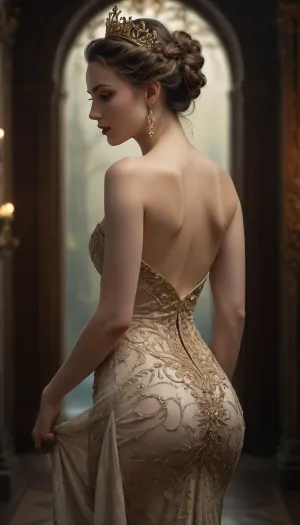 Full body shot, breasts visible, tall. A woman dressed in a stunning, 32g open perfect naked breast, intricately designed gown that clings to her figure, showcasing her elegant silhouette. The gown is a masterpiece of craftsmanship, adorned with shimmering gold and silver embroidery that forms delicate, ornate patterns across the fabric. Her hair is styled in a sophisticated updo, with braids woven into a crown. She wears delicate earrings that dangle elegantly, adding a touch of sparkle that mirrors the intricate details of her dress. This attire perfectly compliments her athletic, toned body and her nice rump, full body shot, intense lighting, dynamic, perfect, digital painting, burlesque, shabby chic, fine art, epic, Boho gypsy, marquise, duchesse, dark fantasy, digital illustration, extreme detail, digital art, 4k, ultra hd, Anna Dittmann, Alyssa Monks, Gustave Dore, Jean Baptiste Monge, hyperrealism, trending on artstation, vintage photography, tumblr aesthetic, hd photography, slight smile, beautiful, intricate digital painting, breasts, cutout, clothing, nipples, bmbplora
