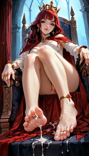 1girl, red mantle, crown, vampire, queen of vampire, toe ring, feet, jewelry, anklet, barefoot, foot focus, pale skin, red hair, red eyes, earrings, sitting, throne, armlet, large ass, bracelet, white skinned female, white nail polish, lines toenail polish, european, brown eyes, blunt bangs, view from below, smug, toe curl, white painted toenails, fetish, teasing, (cum on feet), pov, sitting above viewer, perfect feet, sitting on throne, dominant female, 5 toes each foot, legs spread visible pussy, sweaty asshole, focus on feet, high detail, steamy asshole, looking at viewer, squirting, <lora:bynightPortraits-XL:1.5>