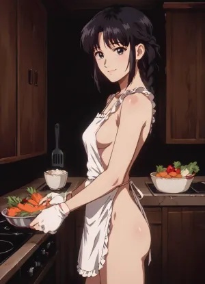 Black hair, braid, medium breasts, cute, 18 years old, cute and sexy pose, naked, skinny, apron, cutting vegetables, kitchen, side view, smiling, medium ass, <lora:NEOTOKIOXL_0.2_RC:1.4>