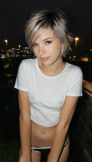 young girl, night, posing in the rain, short messy hair, perfect tits, white tshirt, black panties, twitch, cfnm, ohwx, woman, <lora:alanah_dh128_sdxxxl_v1-step00008000:1>