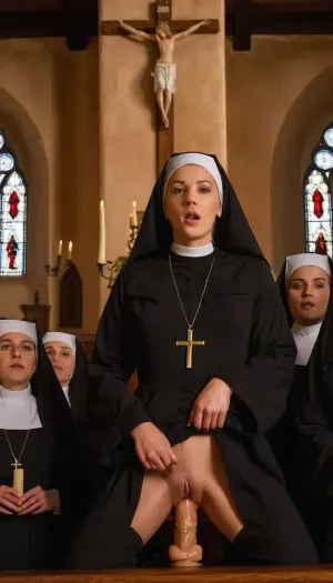 public place, uniform, church, 1 male priest, 4 dressed nuns, 1 naked busty 40-year-old nun stands in the middle, legs wide apart, with a thick candle in her huge genital slit, an expression of delight on her face, 2 more nuns, (one on the left, the other on the right), support her with their hands, a dressed male priest standing behind them inserts a candle into her vagina, looking inquisitively from below, other nuns watch the process with interest squatting and masturbating, (huge genital slit, huge clitoris), (masturbation), (insert), (open vagina), (hairy pubis), (sexy riding on a dildo), (sex in church), (female masturbation), (insertion of an object into the vagina), realistic, (riding a dildo), 8k, professional photography, high quality, HDR, color image in raw format, <lora:dildo-v03-std-e97:.8>, a