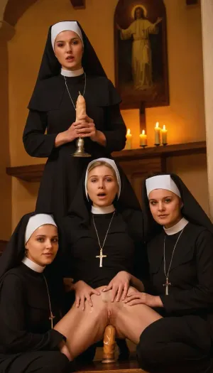 public place, uniform, church, 1 male priest, 4 dressed nuns, 1 naked busty 40-year-old nun stands in the middle, legs wide apart, with a thick candle in her huge genital slit, an expression of delight on her face, 2 more nuns, (one on the left, the other on the right), support her with their hands, a dressed male priest standing behind them inserts a candle into her vagina, looking inquisitively from below, other nuns watch the process with interest squatting and masturbating, (masturbation), (insert), (open vagina), (hairy pubis), (sexy riding on a dildo), (sex in church), (female masturbation), (insertion of an object into the vagina), realistic, (riding a dildo), 8k, professional photography, high quality, HDR, color image in raw format, <lora:dildo-v03-std-e97:.8>, a