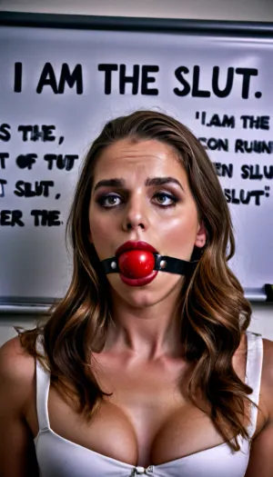 1 girl, school, ball-gag, Text on whiteboard “I am the SLUT”, Text “I am the SLUT”, ruined, makeup, <lora:gagged-4e:.7>, <lora:BetterTextRedmond:1>, <lora:ruined1:1.5>