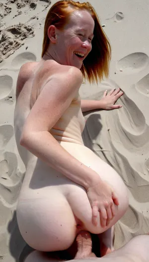 a saggy mature woman of 40 years old, prostitute, Ukrainian, wide square face, wide jawline, small tits sagging, round forehead, straight mid long hair, hair cut to shoulders, dark blonde brown hair, freckled mature skin, brown eyes, little saggy tits, pov view, cumming in pussy, doggystyle sex position, at beach, she's looking back the camera, barefoot, dick in pussy, very saggy tits, small saggy tummy, slightly perfect hands naked, realistic skin, skin defects, skin pores