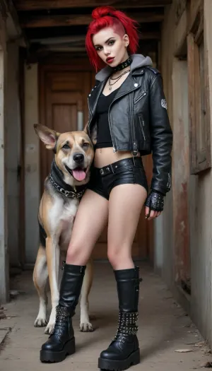 (hyper realistic), (most beautiful slender and slim 18 year old punk top model in a dirty abandoned house showing naked pussy, graffiti on walls, trash on floor), (girl licking big dog, girl kissing big dog:1.7), (wearing black oversize gothic punk platform boots, open black cropped biker jacket, open grey hoodie, leather harness, studded choker, studded gloves:1.5), (asymmetric buzzcut hairstyle, beautiful detailed face, sensual eyes looking in camera), (erotic photo, porn photo, pornography, photorealistic, photo realistic, photorealism, photo realism, realistic, realism, 4k, 8k, 8k resolution, best quality, ultra quality, highest quality, maximum quality, uncompressed, raw source photograph), (intricate clothing, detailed clothing, detailed skin, realistic skin)
