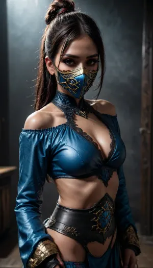 (((young girl 18 years old, sacred background fog darkness fantasy))), (((hair gathered in a bun))), (((Kitana mortal kombat))), best quality, (mask covers nose and mouth:1.8), (exotic revealing outfit), realistic proportions, beautiful girl, (((very thin))), (((narrow cheekbones))), (((narrow face))), (makeup:1.4), (eyeshadow:1.4), (ultra-realistic photo), (maximum photo quality), (high resolution photo), (extremely detailed), (ultra-realistic), perfect body symmetry, symmetrical eyes, perfect eyes, (looking at camera:1.5), (masterpiece:1.4), ultra-realistic, ultra-detailed, intricate details, contrast, sharpness focus, high definition, 8K UHD, (photorealistic:1.4), (depth of field), (standing pose:1.8), (((elegant hands))), (((perfect fingers))), studio lighting, cinematic lighting, perfect light, (((Dark Fantasy Art))), (Cinematic Film Footage Style), (Arri Alexa Style), (Kodak Film Print Style), (((woman in Kitana Mortal Kombat costume posing for a photo))), Mortal Kombat Style, moody, dark fantasy style, mk, Kitana, mk11, summer, robe, mk1, outfit, classic, dark, horror, asian, 1girl, Dark, Fantasy, page, <lora:mk kitana:1>, <lora:192af1bb3d75bab622d76a8c8cf0a0b9:.9>, <lora:add-detail-xl:.8>, <lora:Kitana1024:1.1>, <lora:HandFineTuning_XL:.6>