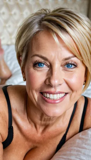 Beautiful 60-year-old woman, blue eyes, very short blond Bob haircut short pixie hair cut, wet very short hair, very wide jaw, very wide chin, visible beautiful big teeth, very large diastema arge gap in the teeth between the upper teeth, visible deep wrinkles, wrinkles also on the forehead, smiling and open flirtatious mouth, no make-up, black stocking, big body girl, on big bed, verry big 13 inch penis, cum on the vagina, big boobs, meadow, cliff, sunset